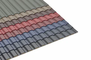 A row of different colored metal roof panels