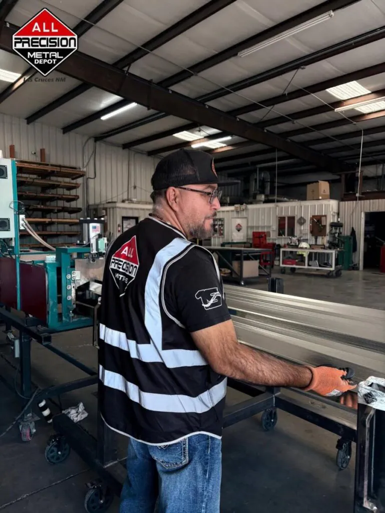 All Precision team member running panels through the roll former